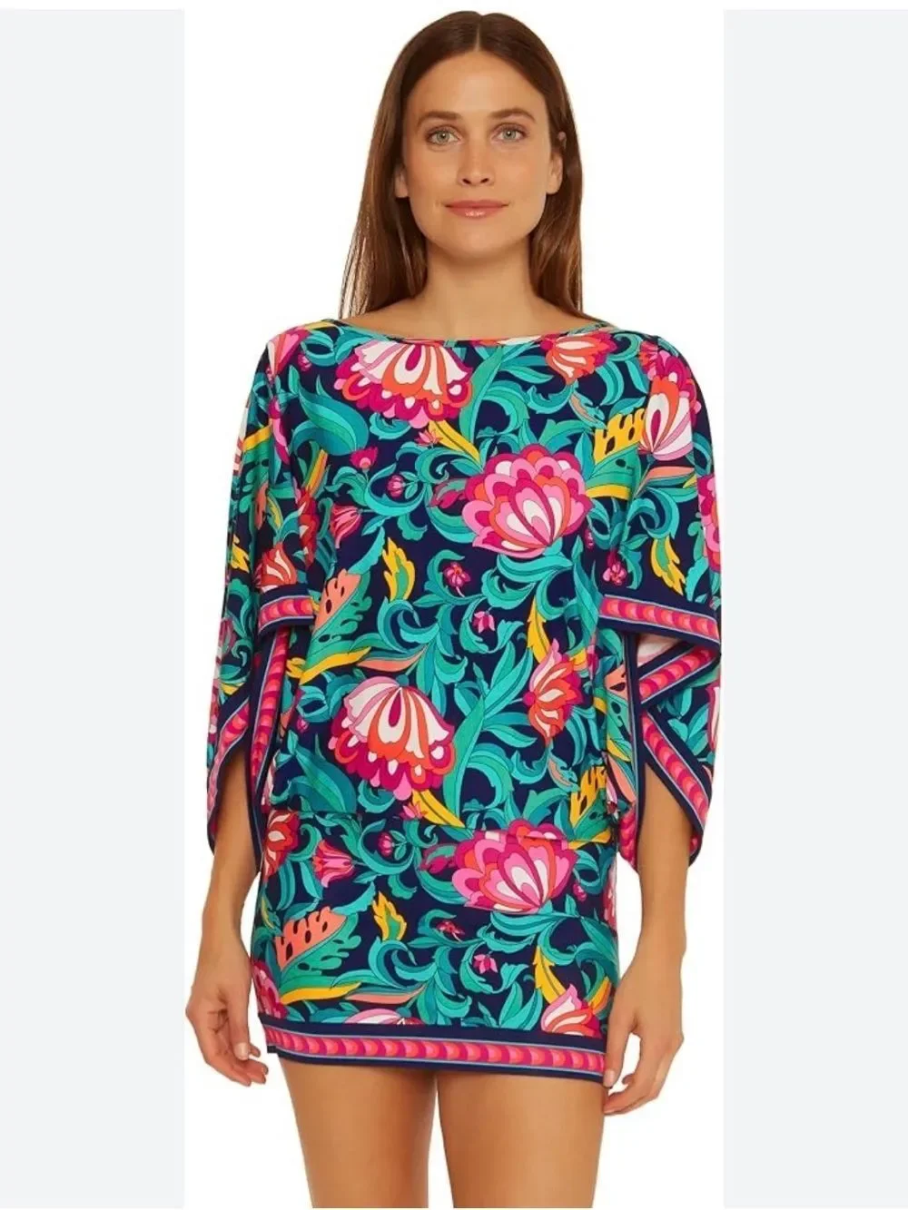 Trina Turk INDIA GARDEN Floral Botanical Leaf Beach Tunic Blouse Mini Dress